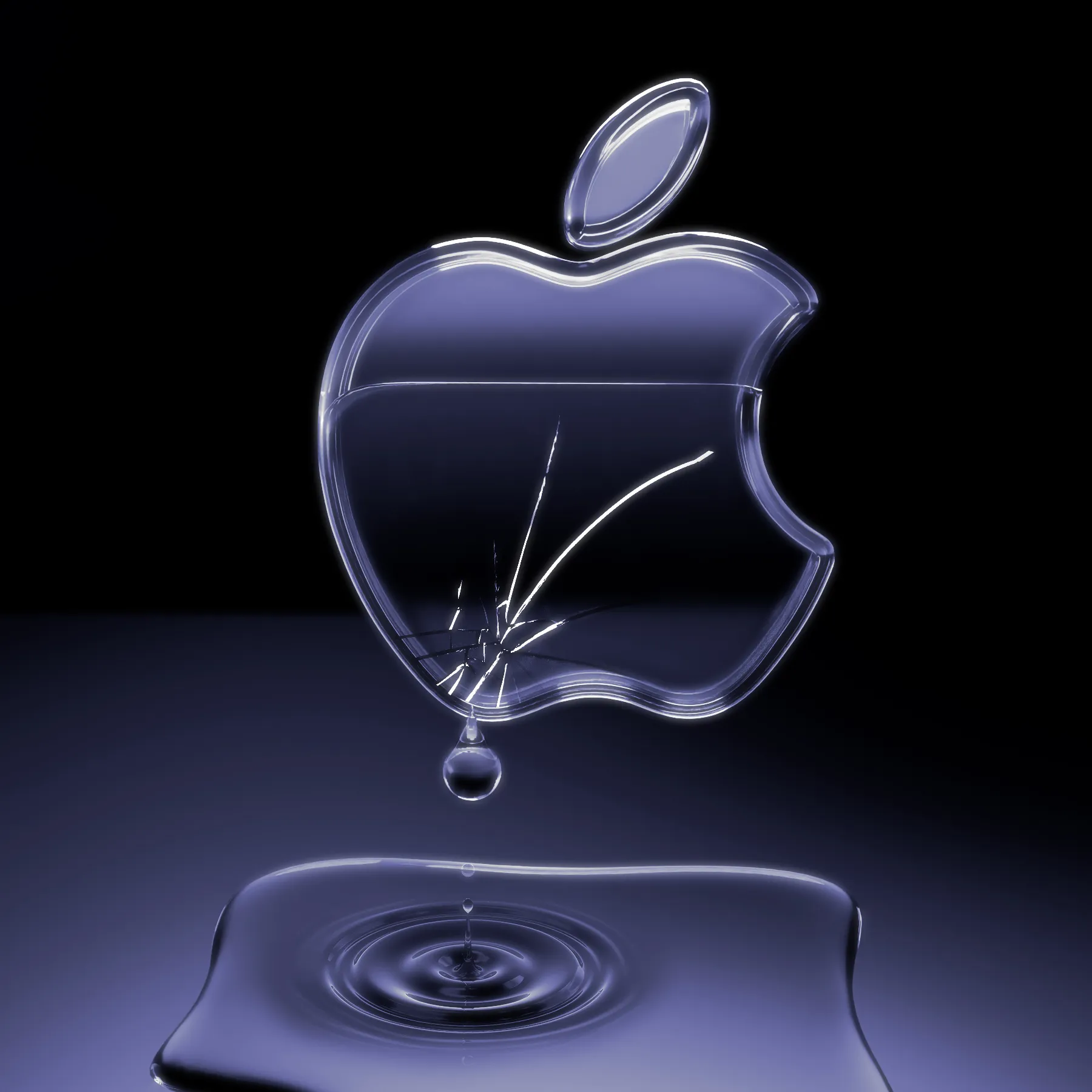 An image of a glass Apple logo leaking liquid onto the floor.
