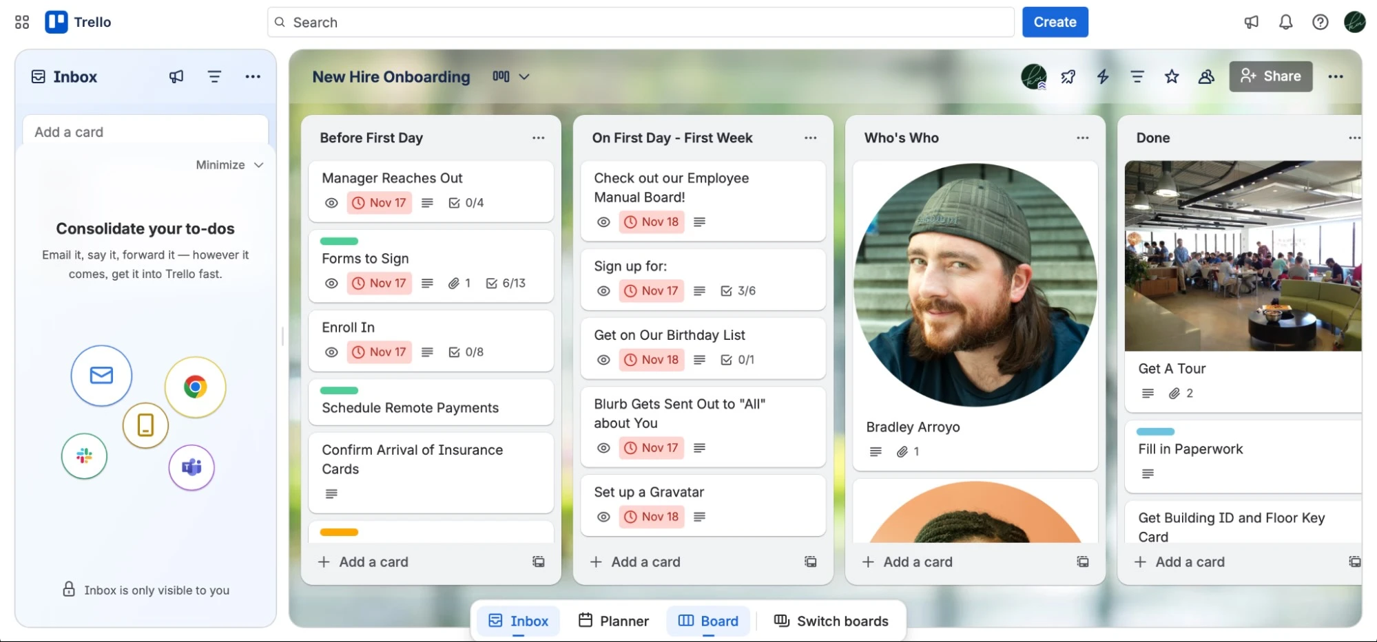A typical Trello board setup showing cards organized across workflow stages from backlog to completed.