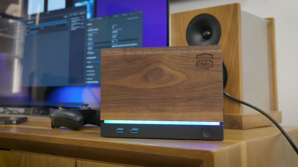 The completed DIY Steam Machine with custom wood paneling and 3D-printed case