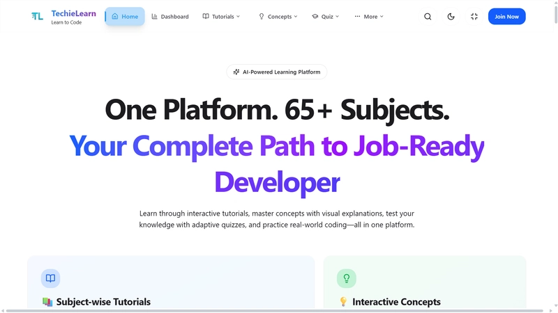 TechieLearn app home screen showing structured learning paths and clean UI for developers
