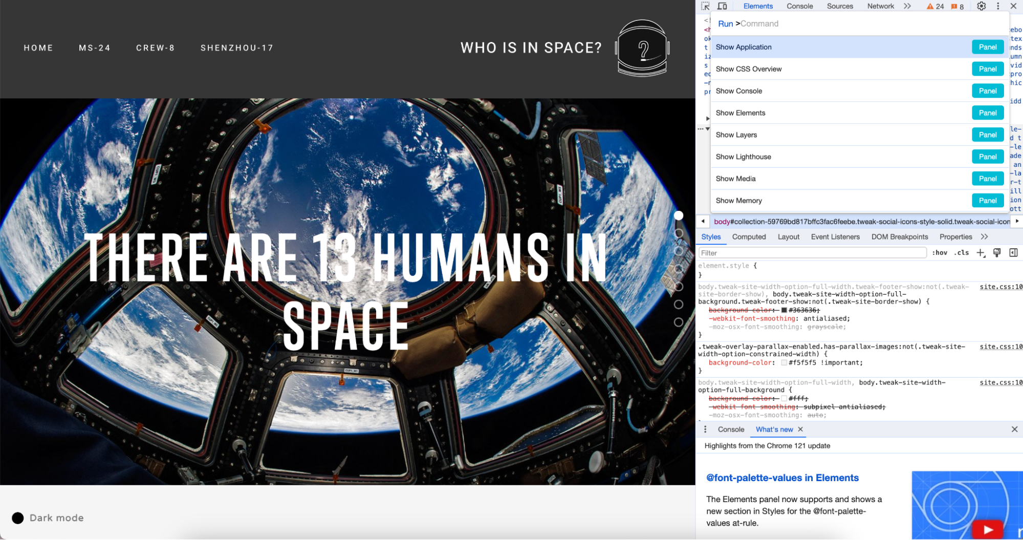 Chrome's Developer Tools command menu with screenshot options visible