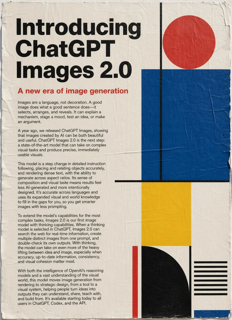 Generated with ChatGPT Images 2.0, this poster-style image introduces “ChatGPT Images 2.0” with a bold editorial layout, blocks of explanatory text, and geometric shapes in red, black, blue, and yellow.
