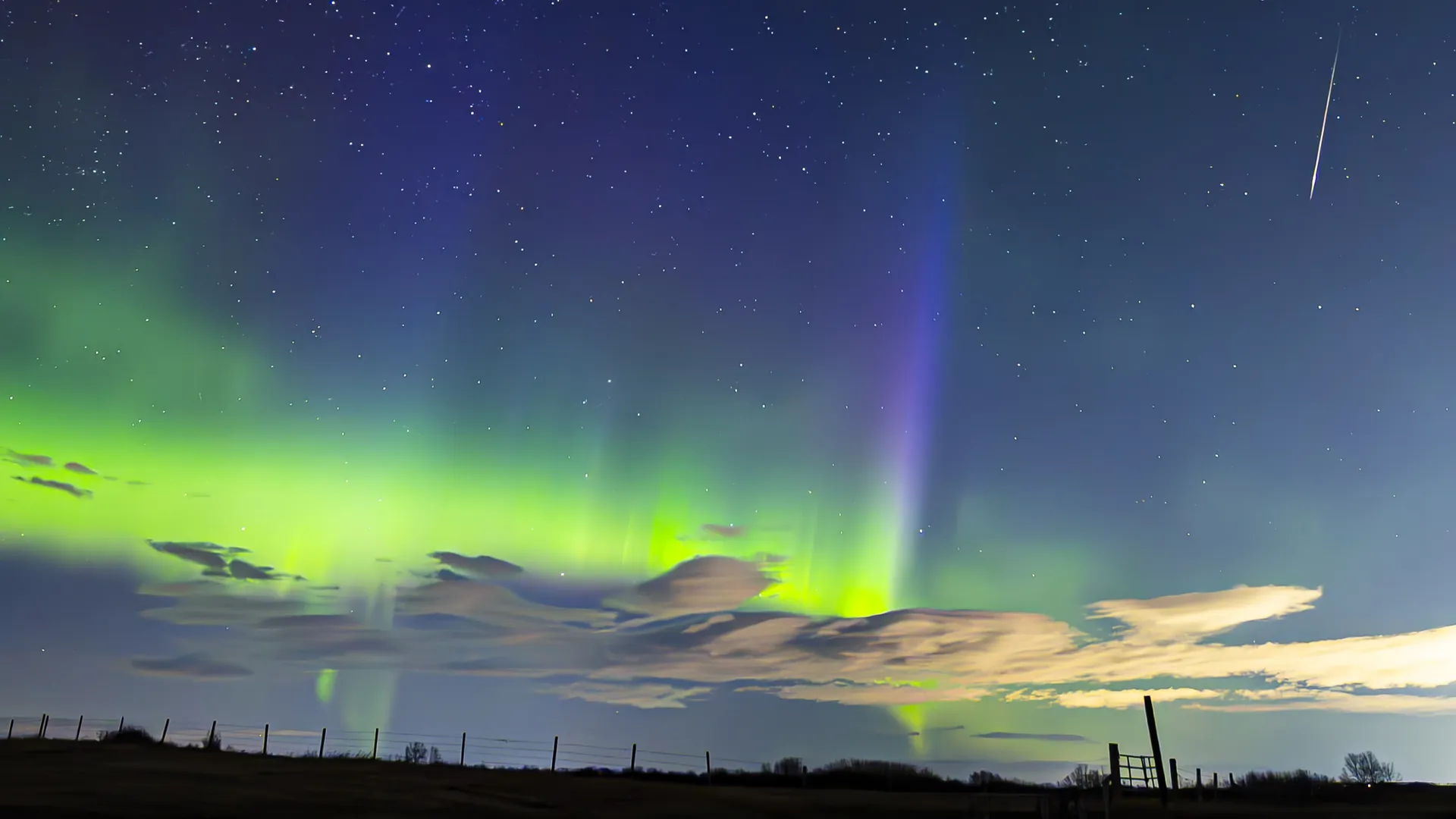 A Lyrid meteor streaks through aurora-lit skies over Alberta, Canada. Image credit: Harlan Thomas via Space.com