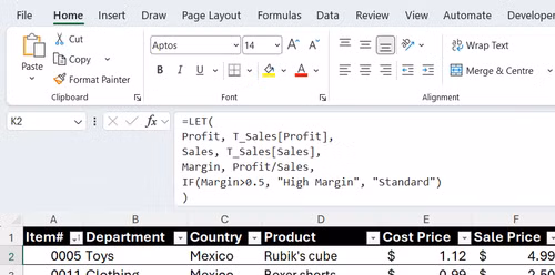 The expanded formula bar showing a multiline LET formula with named variables
