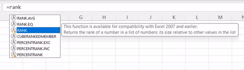 Excel's tooltip now marks RANK as a compatibility function for Excel 2007 or earlier.