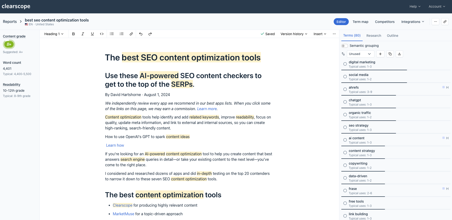 Clearscope content optimization interface