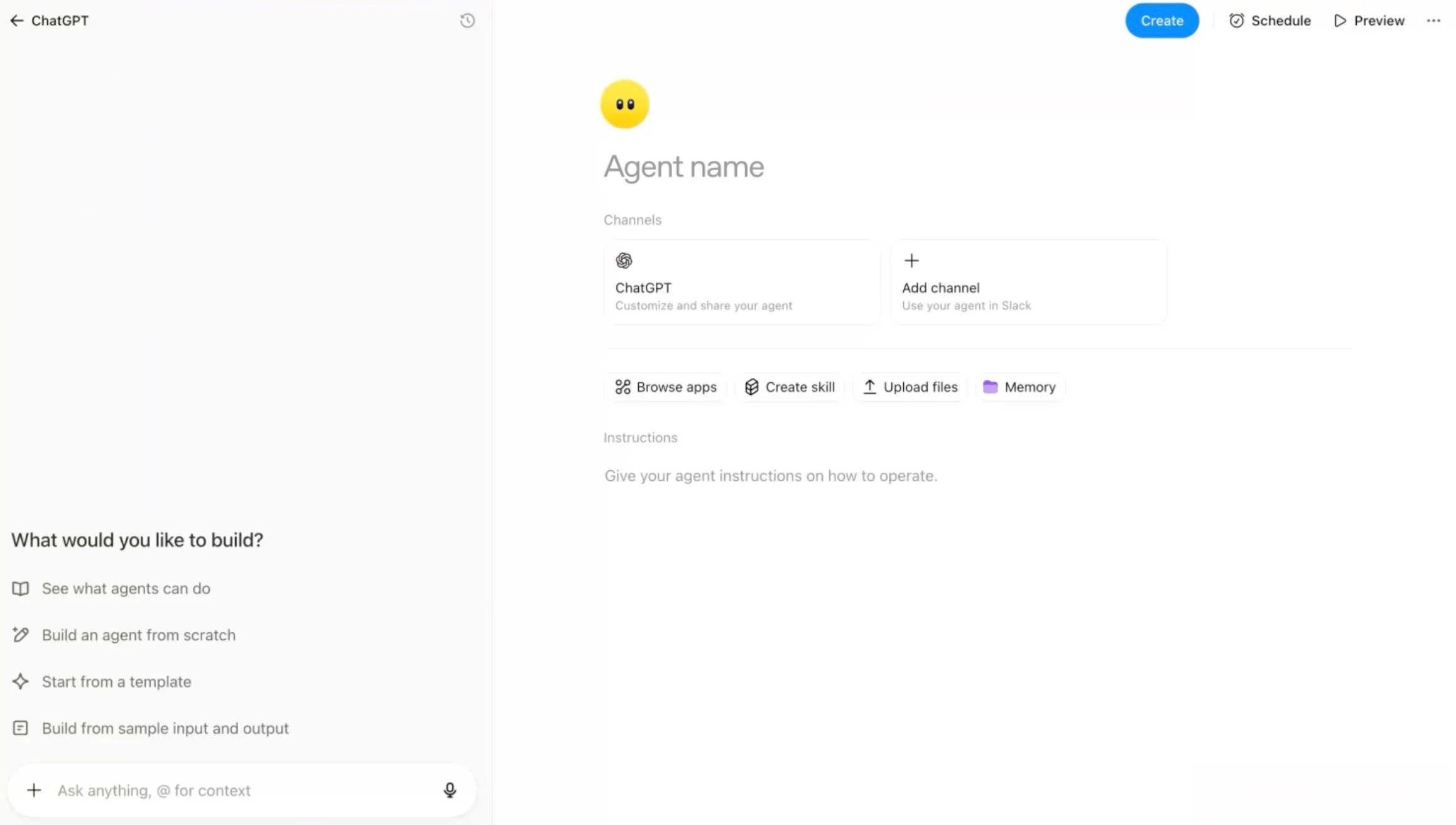 Agent configuration showing permission scoping and integration options