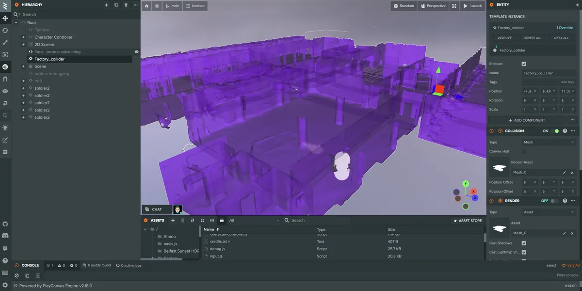 The PlayCanvas editor showing the 3D environment created using the splat-transform tool