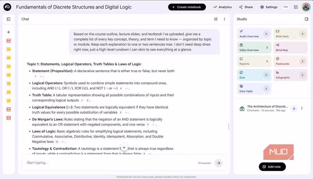 NotebookLM workspace showing uploaded lecture notes on discrete structures and logic