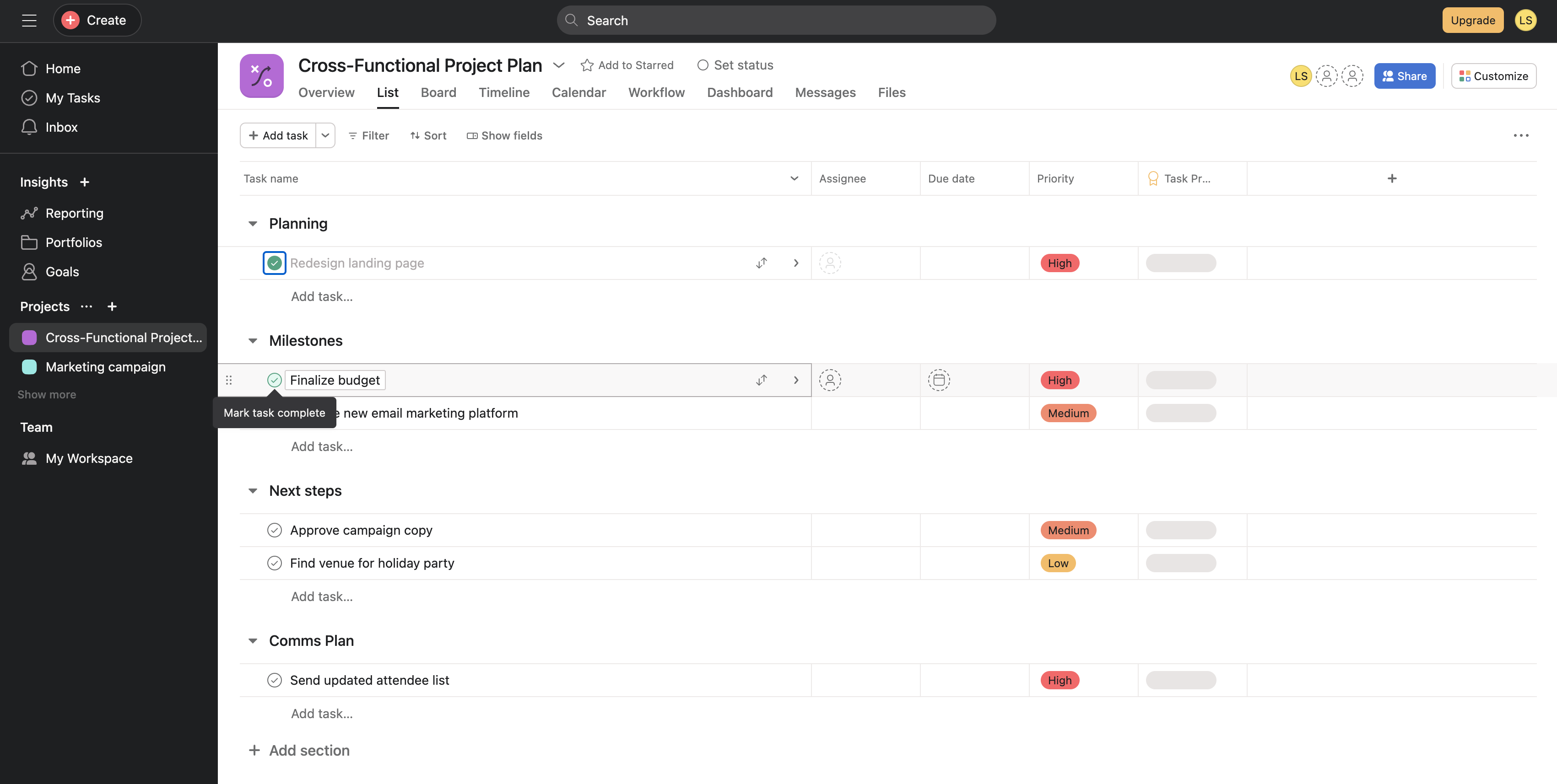 Asana's list view offers more structure than Trello's board-only approach