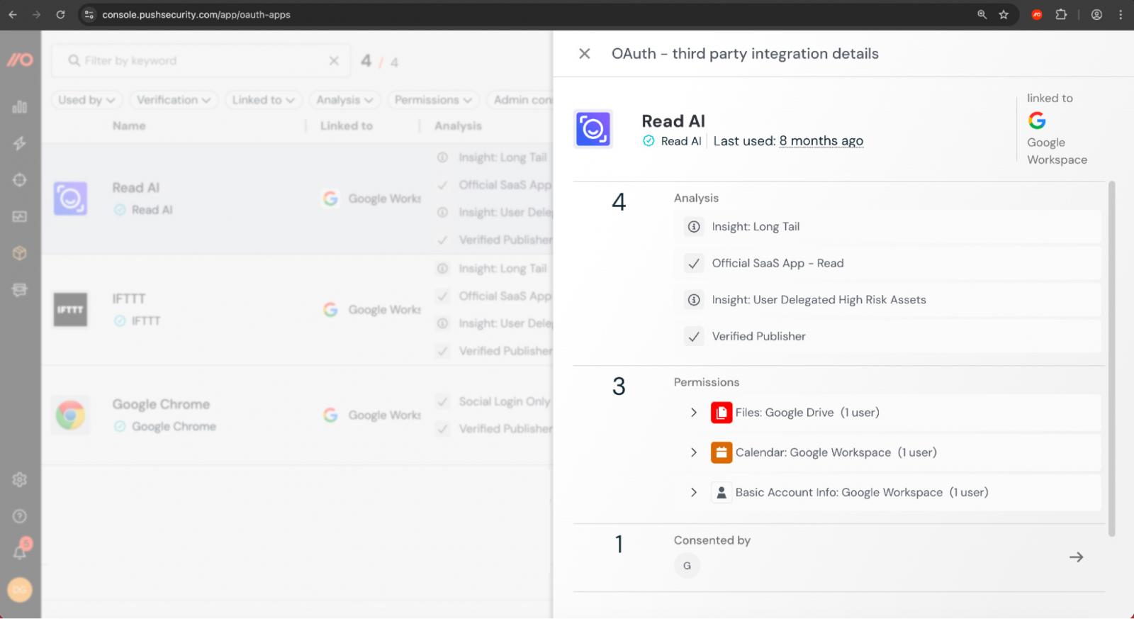 Analyse OAuth integrations, including permissions, user count, and other useful metadata using Push.