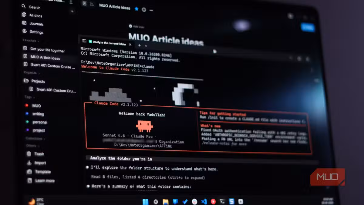 Claude Code running alongside AFFiNE on Windows 11