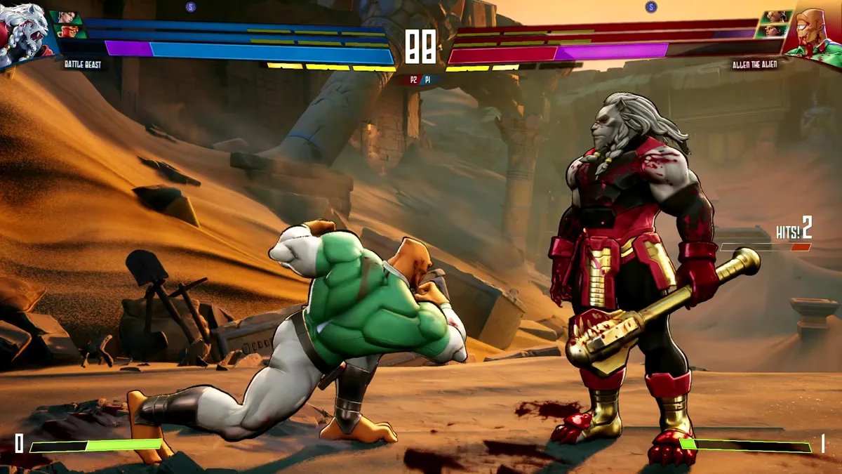 The game's bright comic aesthetic contrasts sharply with its ultra-violent finishing moves