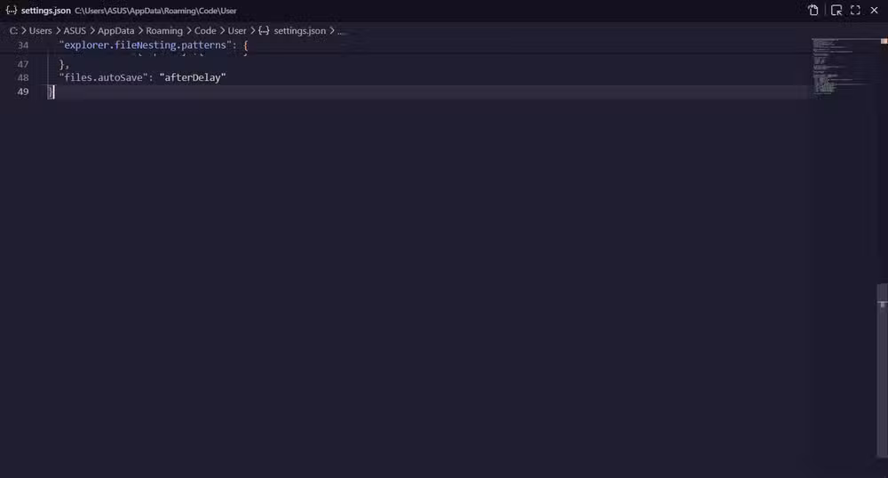 Enabling auto-save in VS Code's settings.json file
