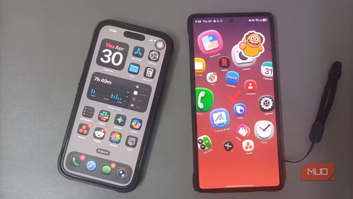 Samsung's customizable home screen beside iPhone's fixed grid layout