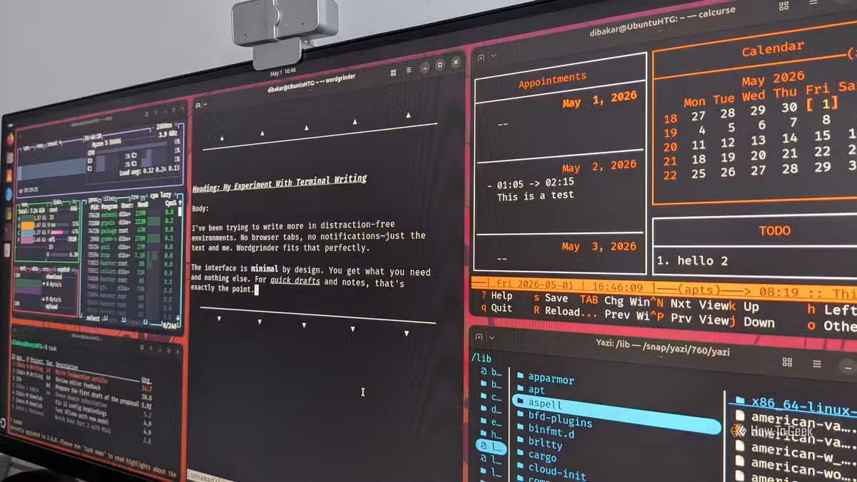 Yazi, btop, WordGrinder, Taskwarrior, and calcurse running tiled on an Ubuntu desktop