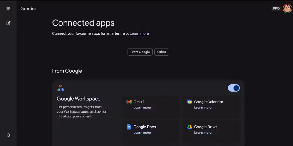 Toggle Connected Apps to On in Gemini settings