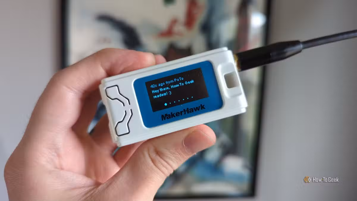 A Heltec V3 LoRa radio running Meshtastic firmware in a MakerHawk case
