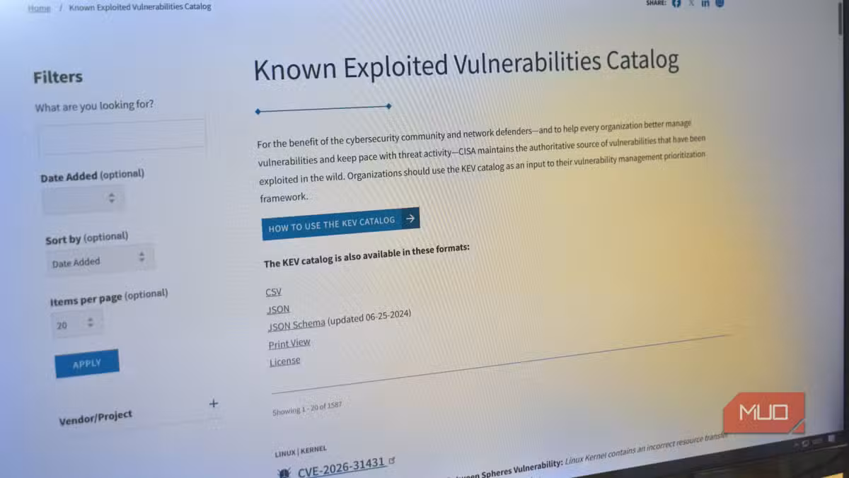 CISA's KEV catalog homepage lists confirmed exploited vulnerabilities