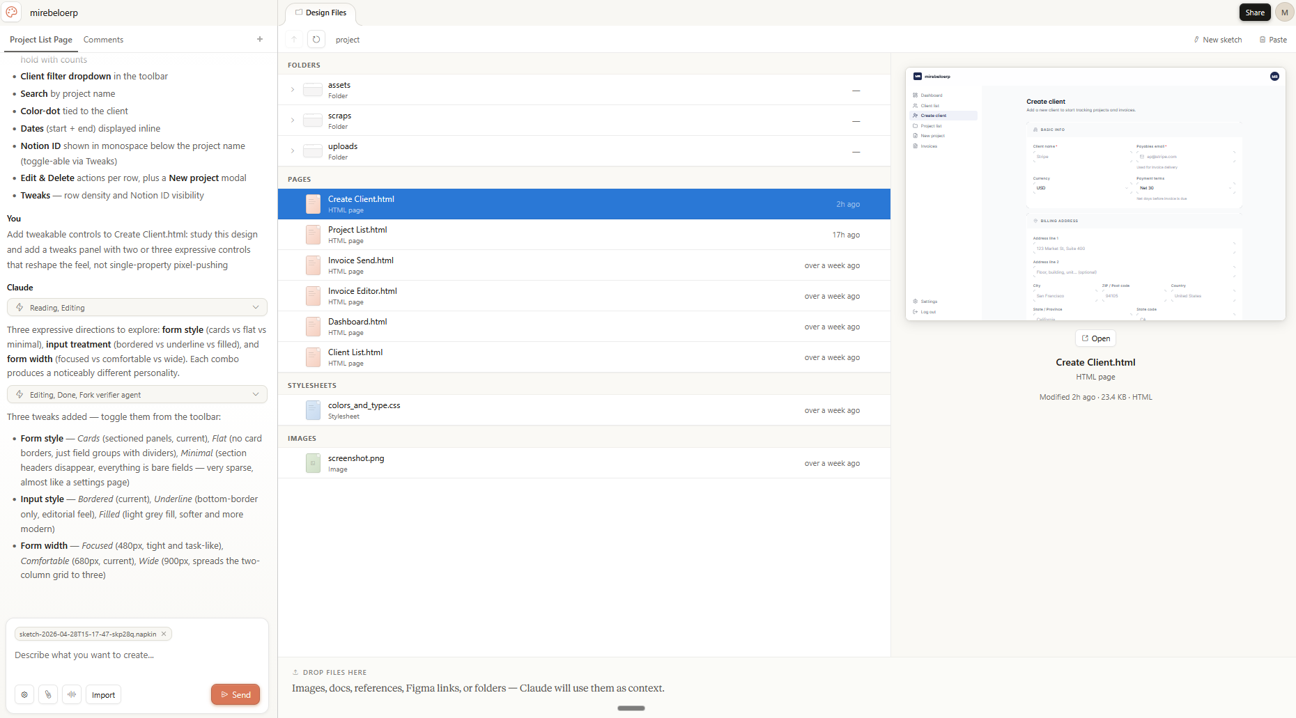 Claude Design's interface showing the chat window and preview pane
