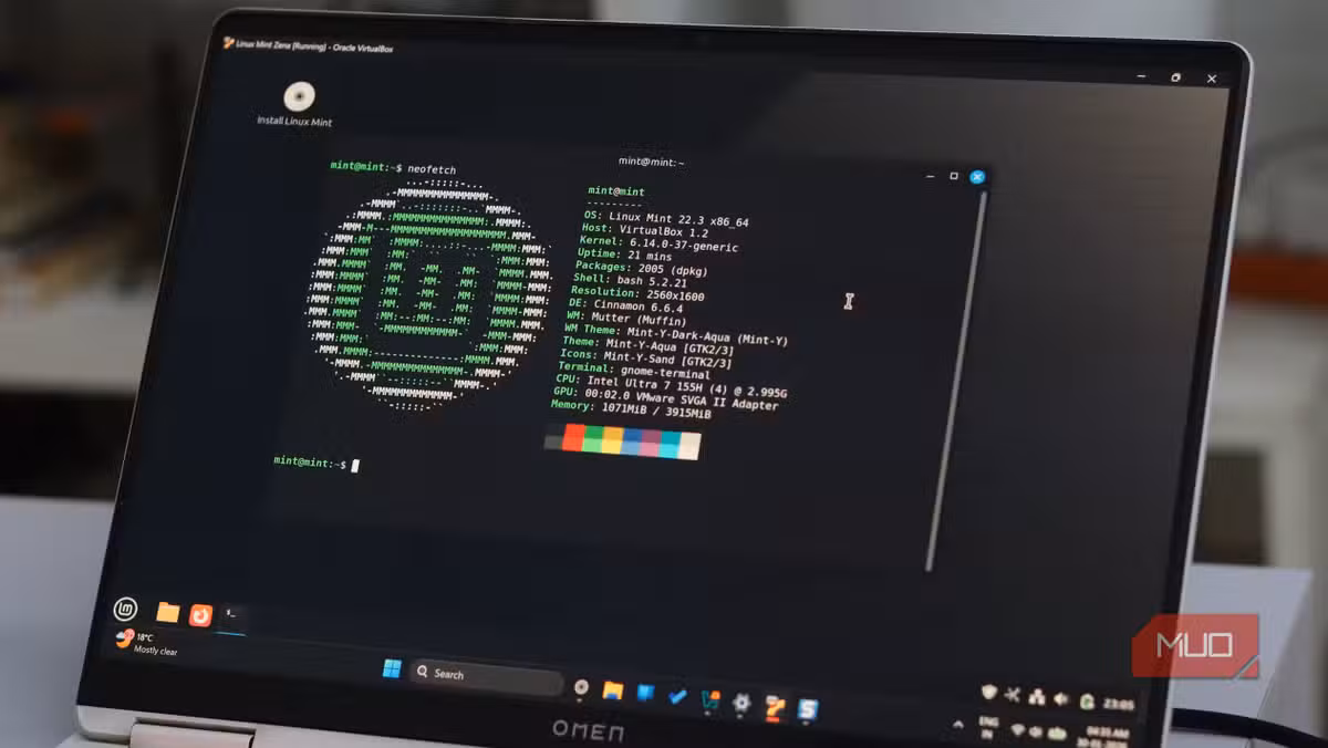 Linux Mint terminal on a laptop. The command line looks intimidating until someone explains what each part does.