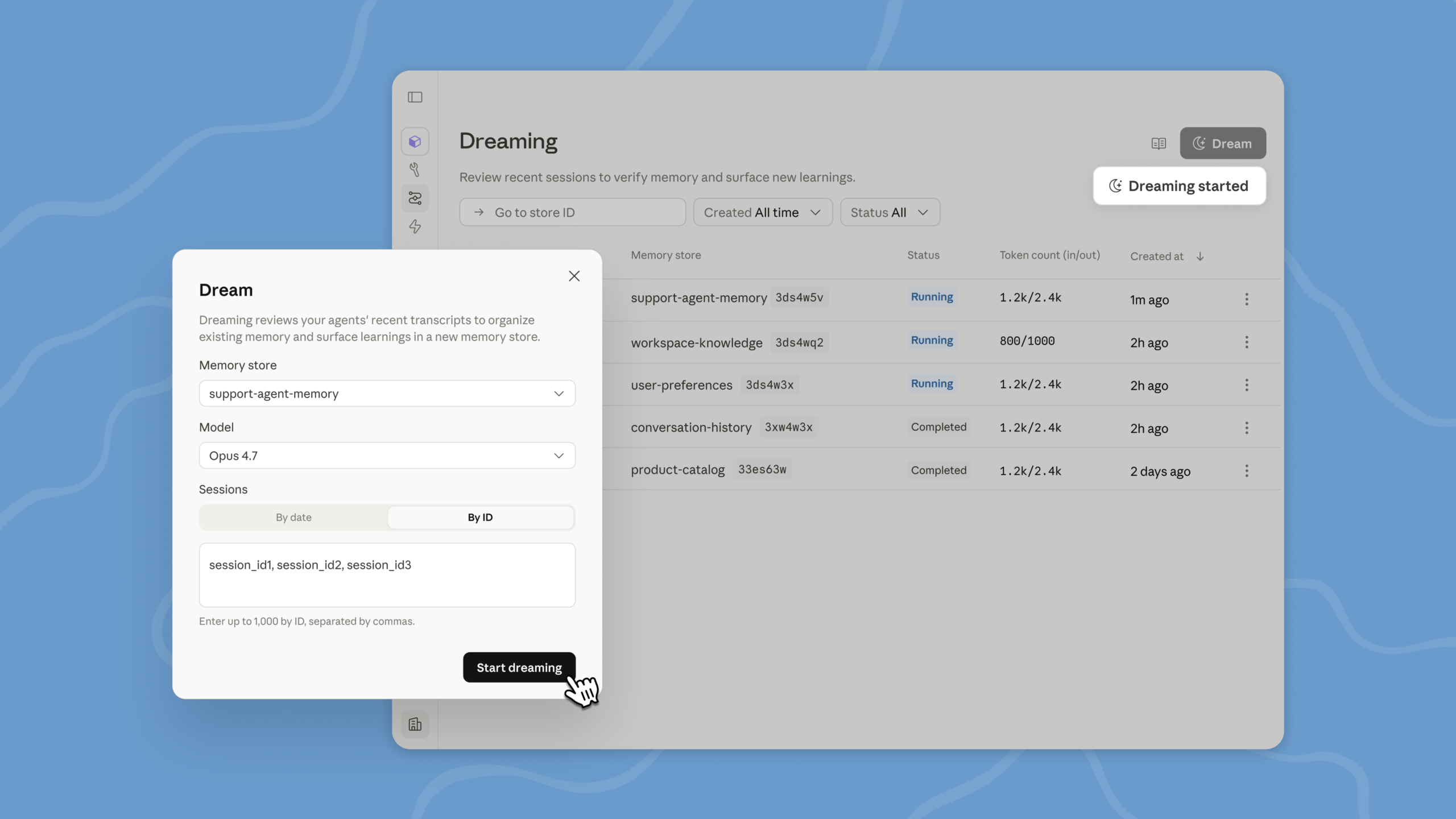 The Dreaming interface in the Claude Console lets users select memory stores, models, and sessions to analyze.
