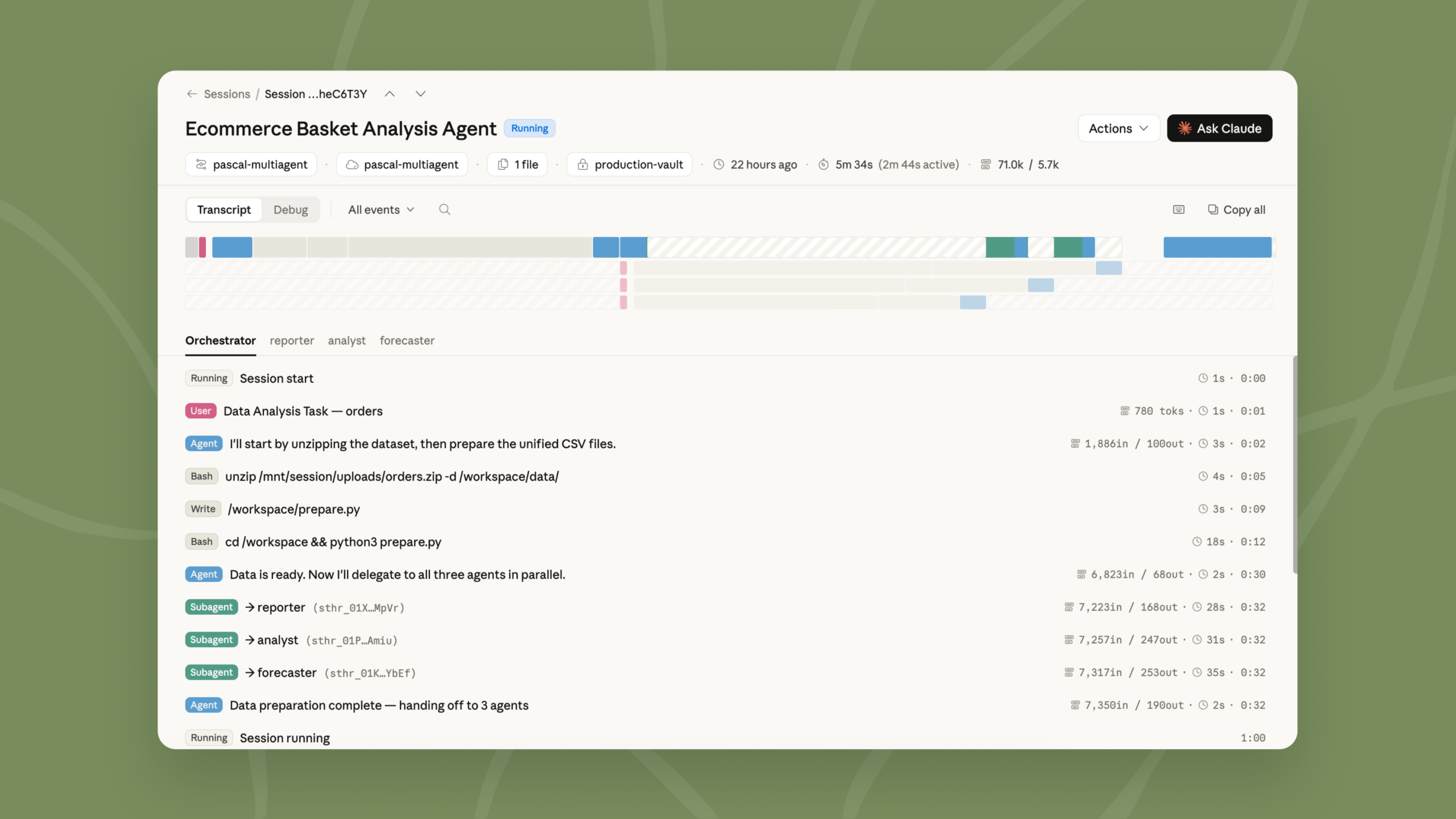 Multiagent orchestration in action: an orchestrator distributes analysis tasks to three specialized sub-agents running in parallel.