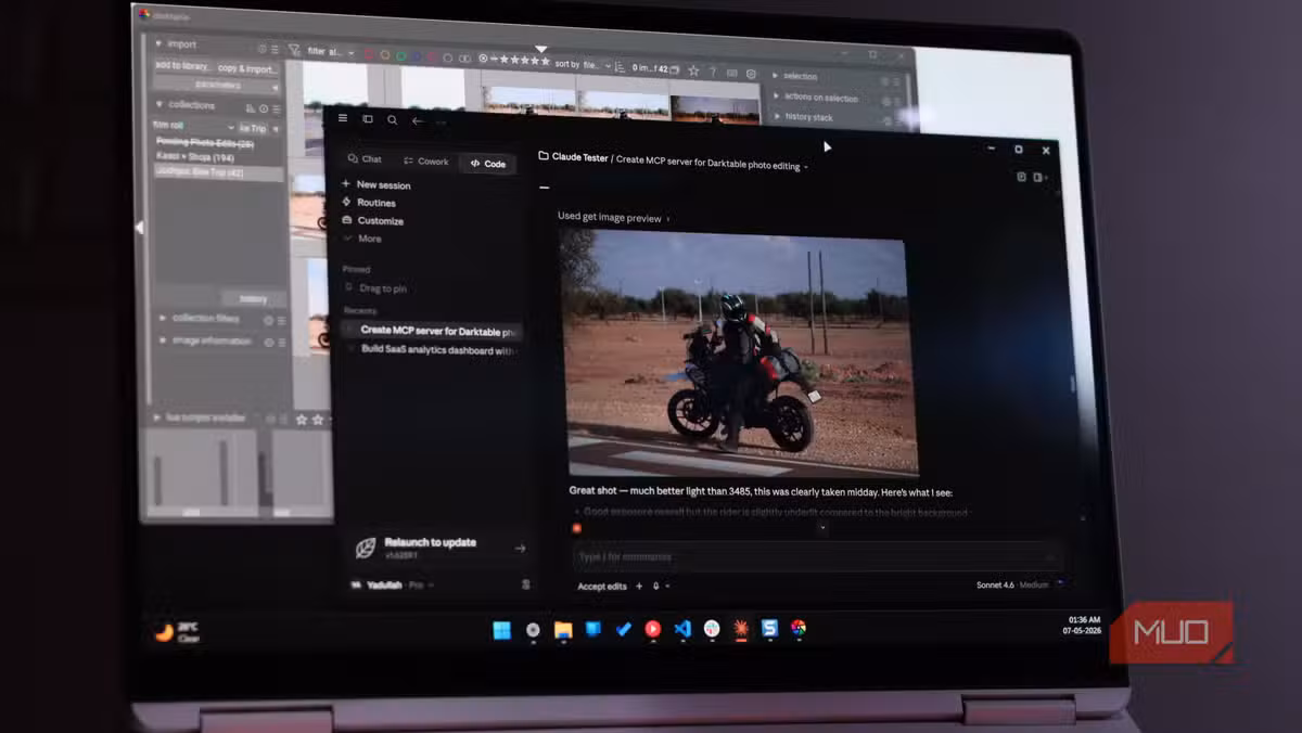 Claude and Darktable running side by side on Windows 11