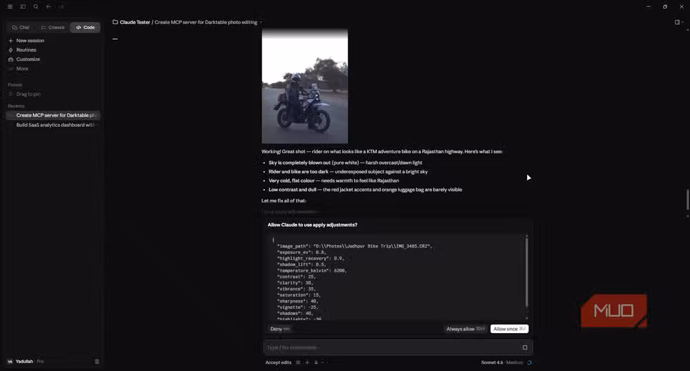 Claude Code editing an image through Darktable's interface