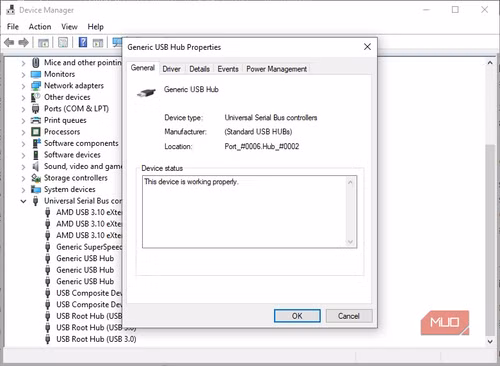 Device Manager lists USB controllers and their supported standards