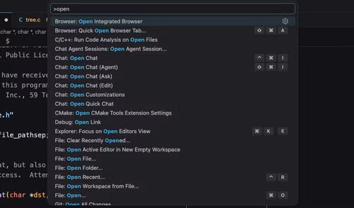 The VS Code Command Palette provides fuzzy search across all available commands