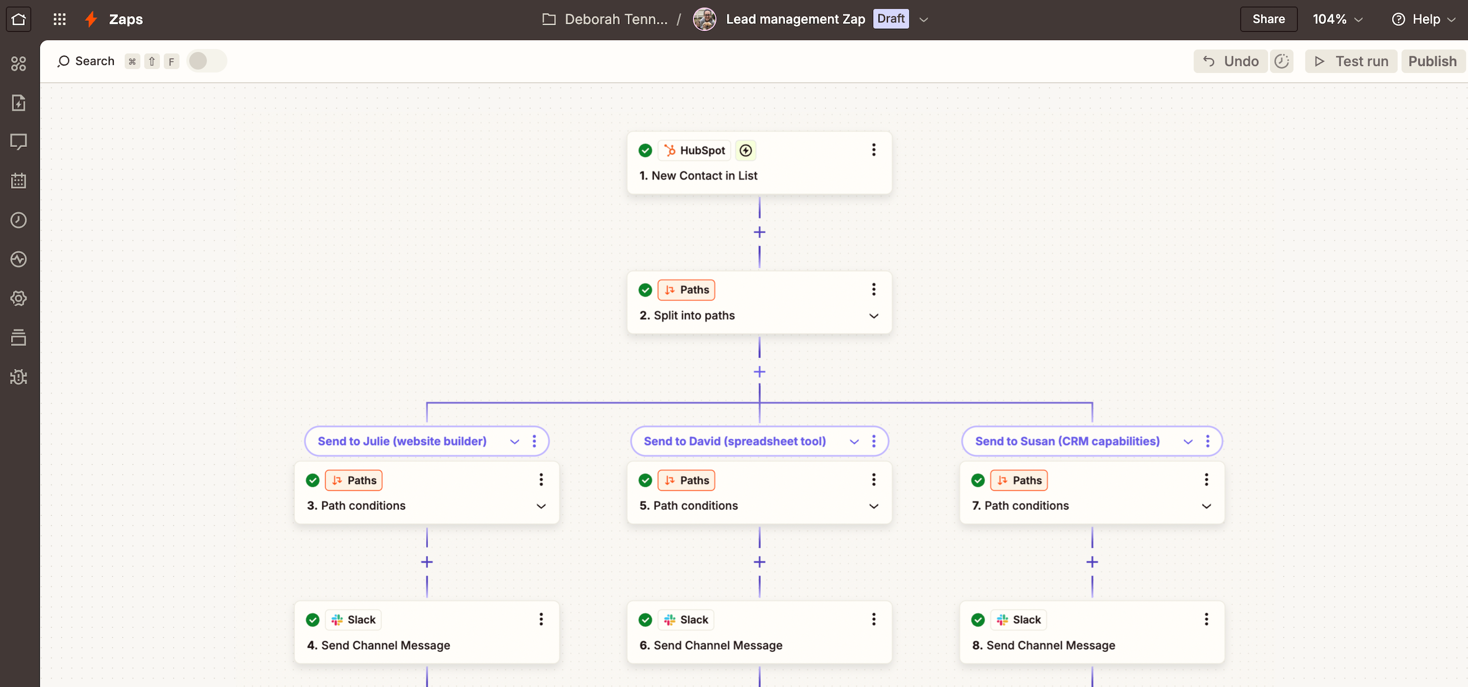 Zapier's marketing automation interface shows the visual workflow builder