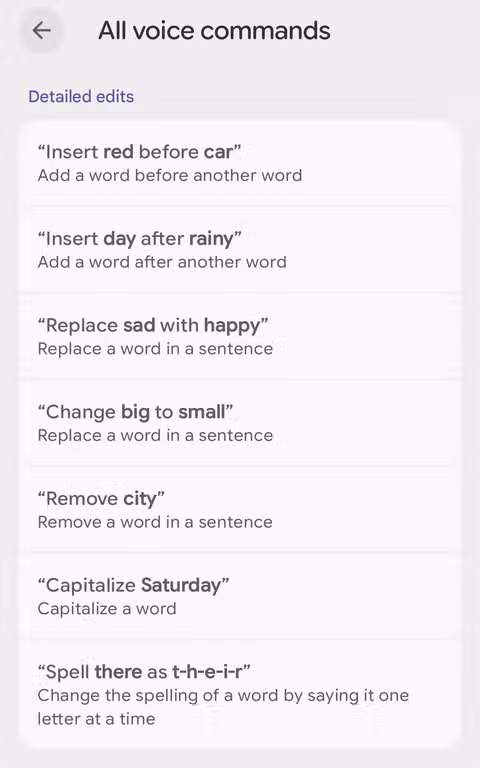Gboard's voice command screen shows editing options for inserting, replacing, and capitalizing words