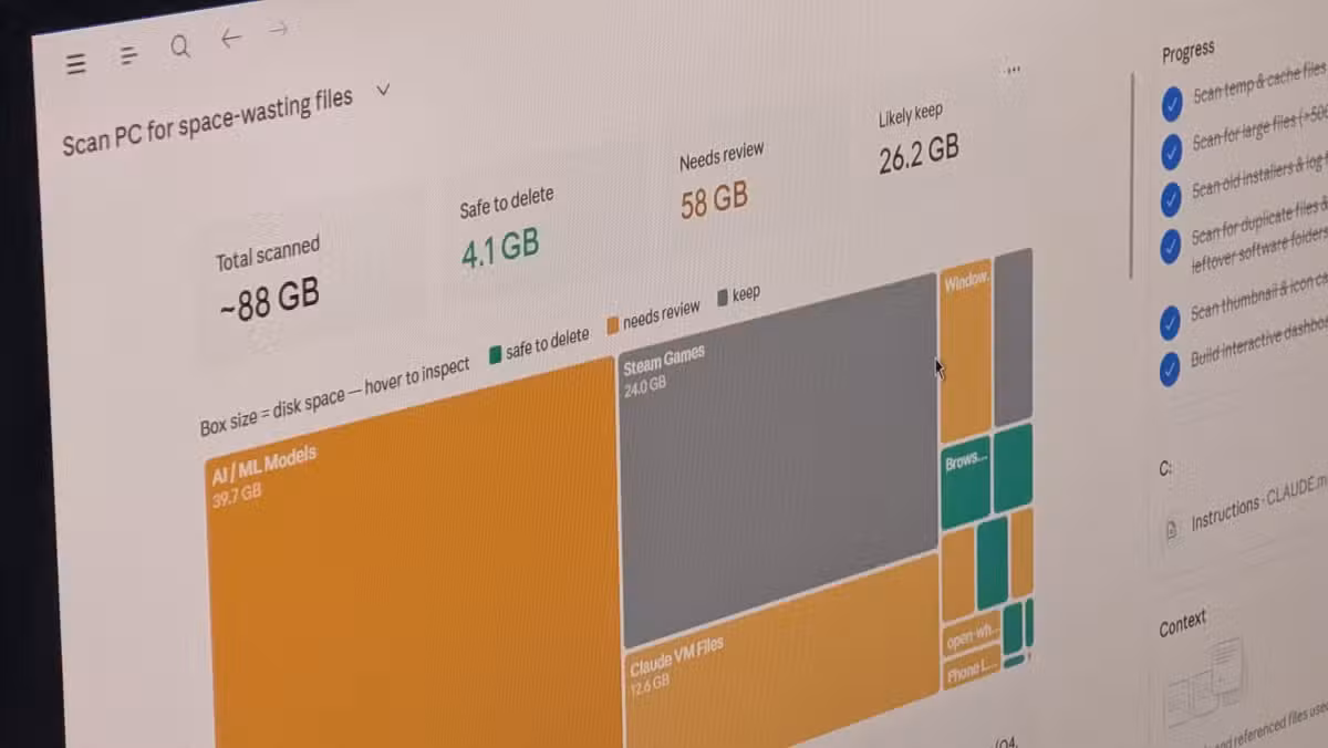 Claude's storage dashboard showing AI/ML models at 39.7 GB and Steam games at 24 GB