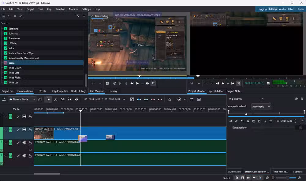 Editing footage in Kdenlive's timeline interface