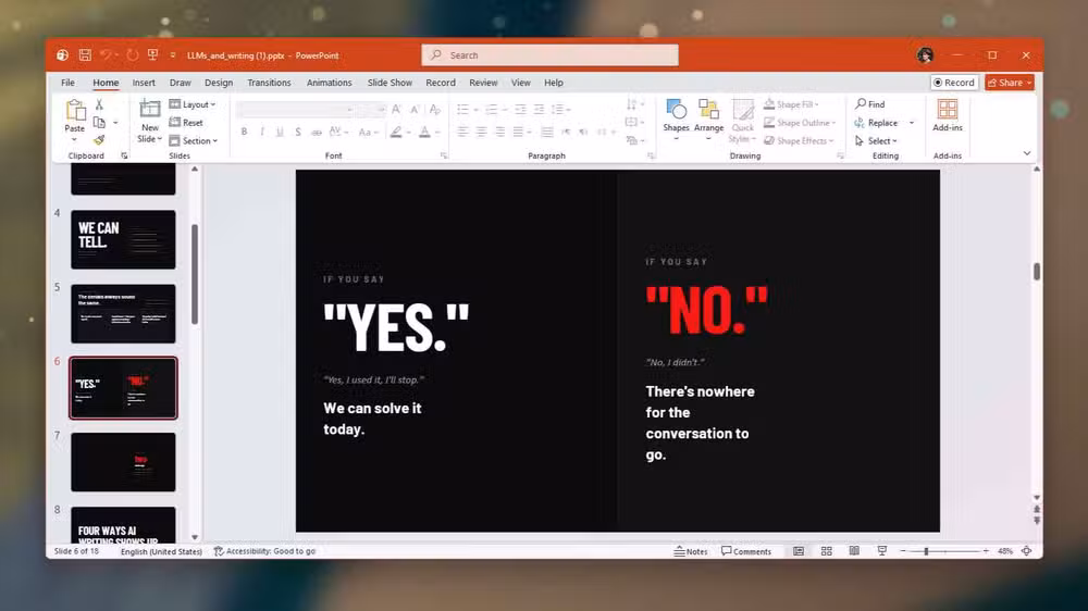 A PowerPoint presentation showing contrasting Yes and No slides