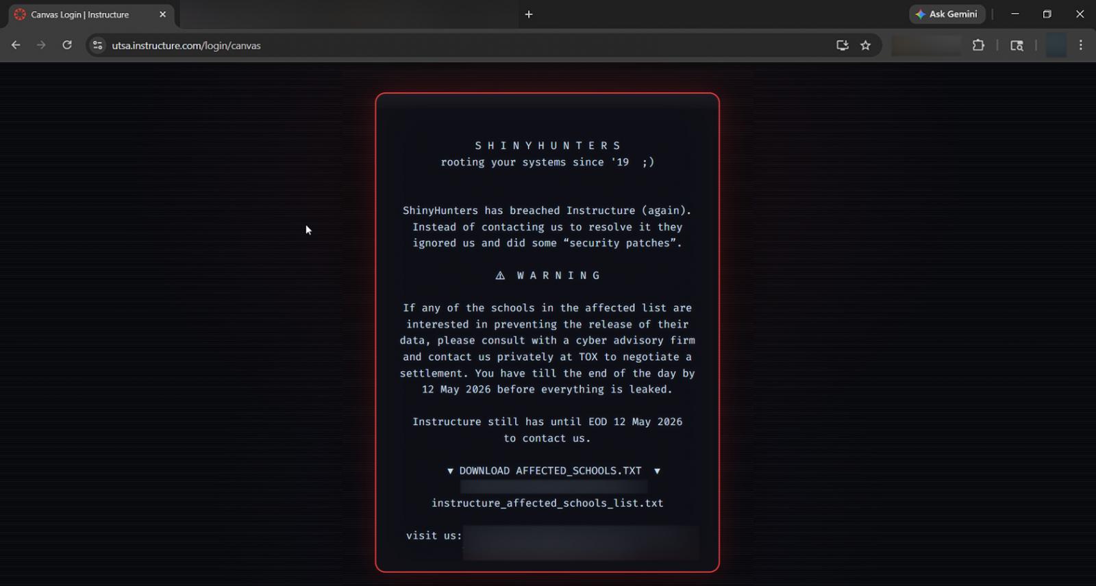 ShinyHunters message left on University of Texas San Antonio Canvas login page