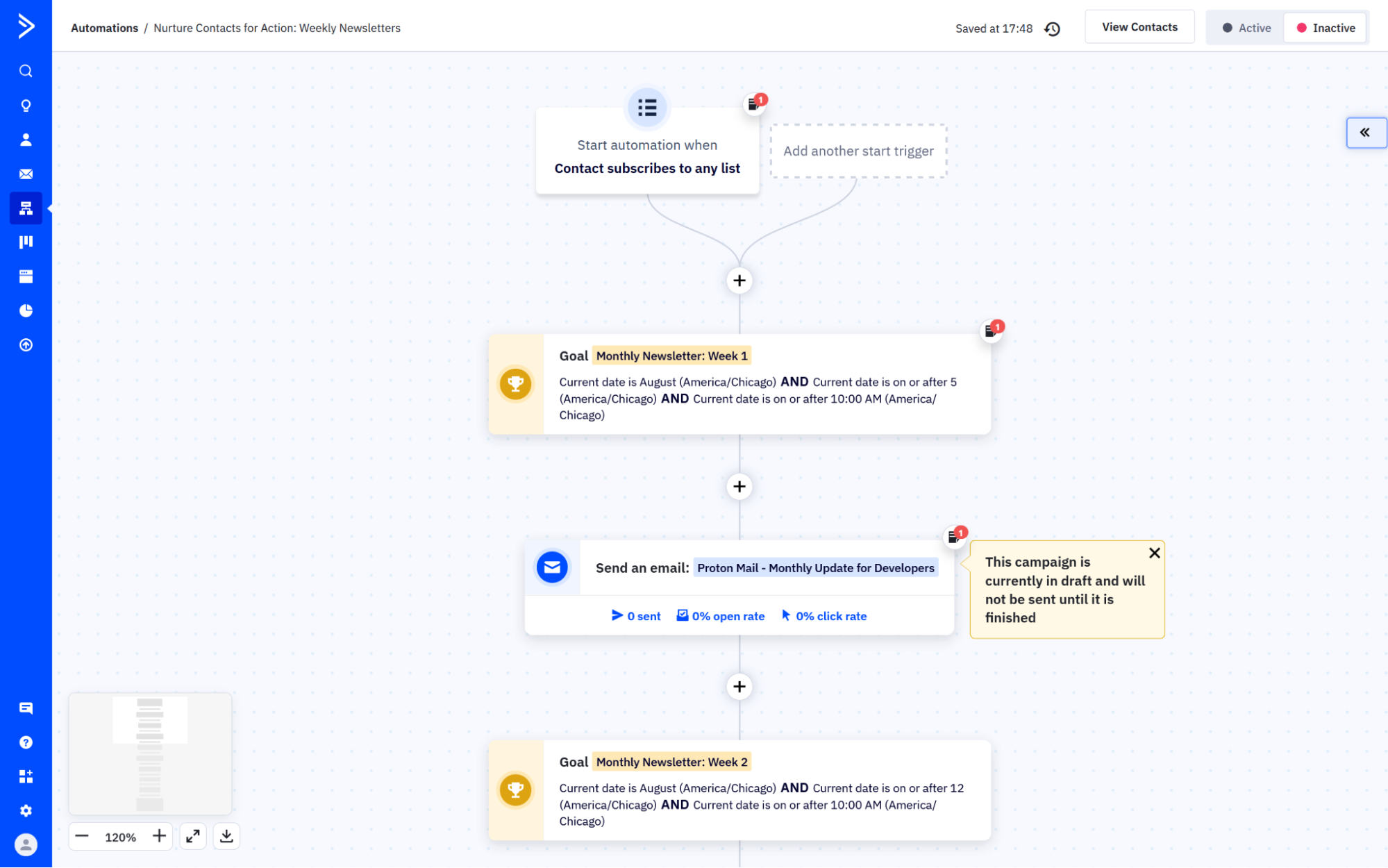 ActiveCampaign's automation builder supports complex multi-step workflows
