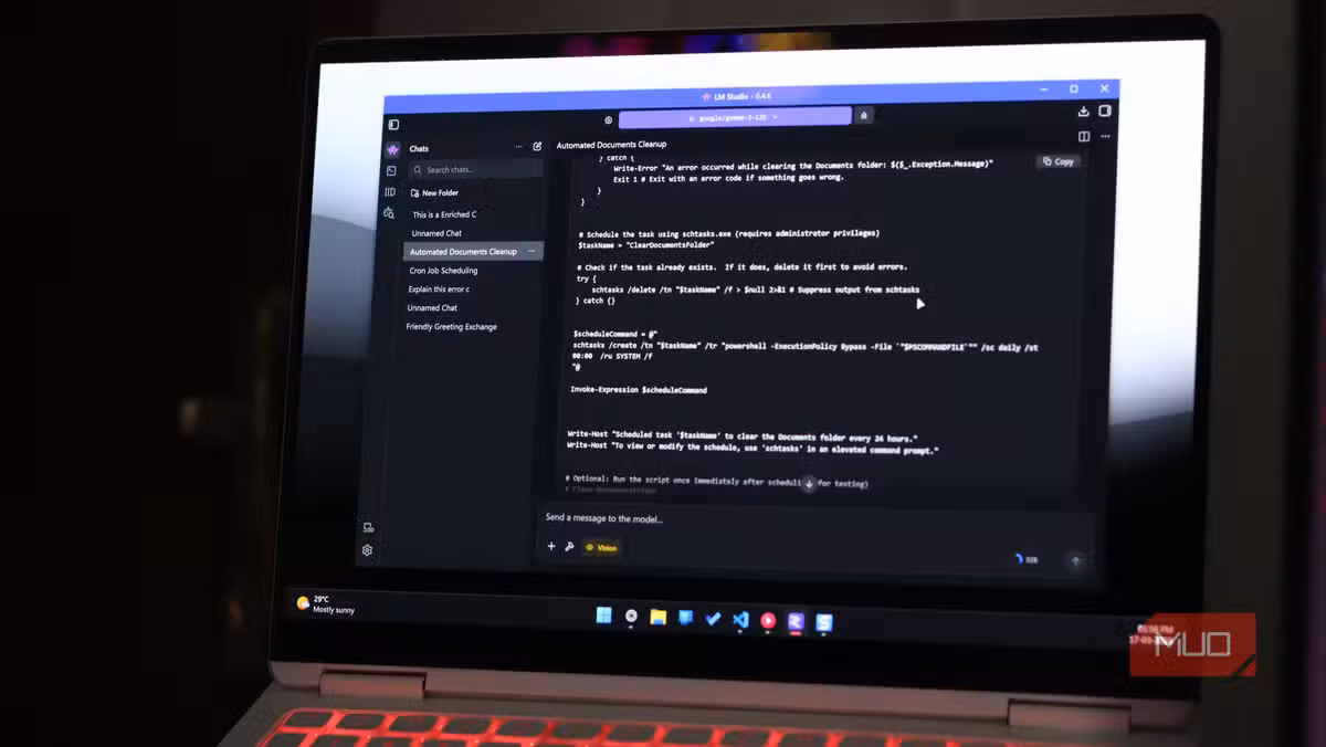 LM Studio running on a Windows 11 laptop with an active chat session