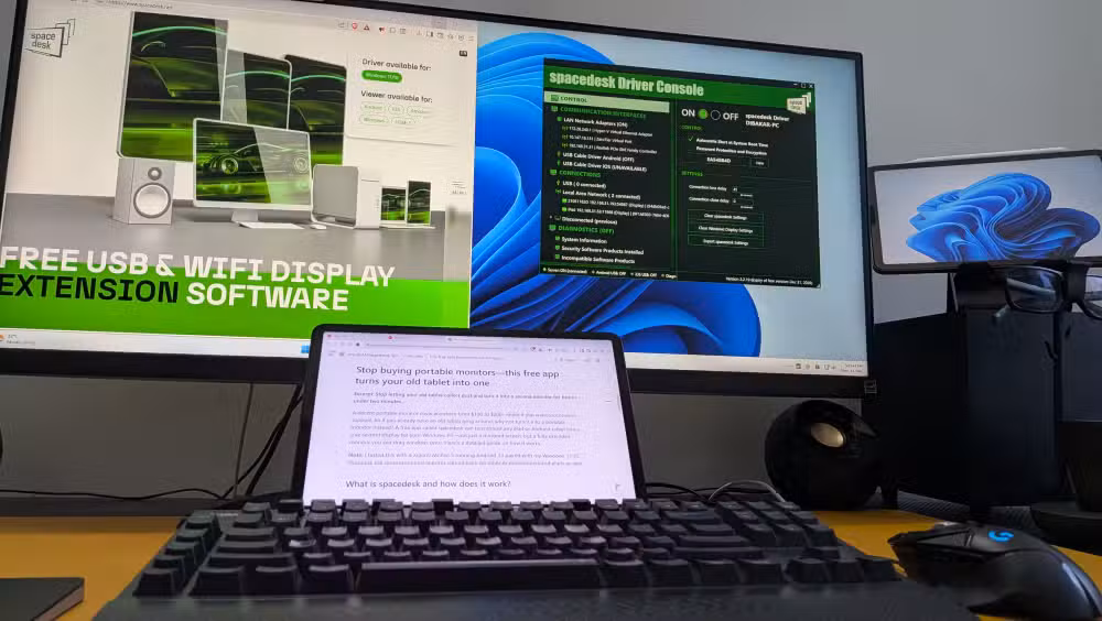 A working setup with Spacedesk running on the main monitor and an article draft visible on the tablet