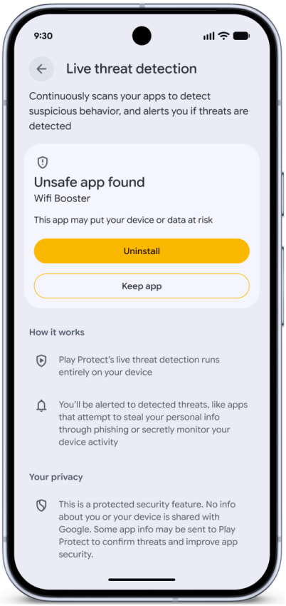 Live Threat Detection flagging a malicious app