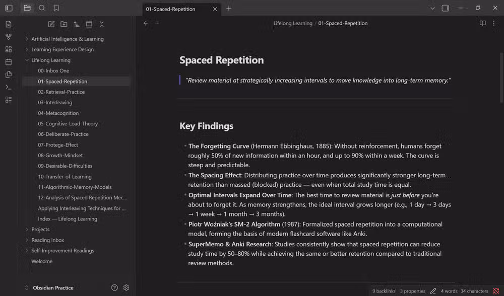 A structured Obsidian note with Markdown headings and bullet points