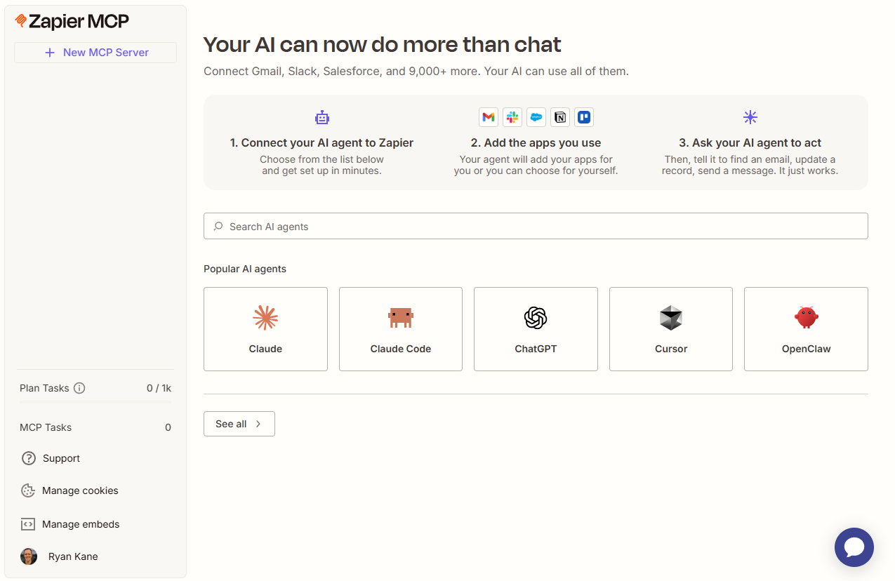Zapier's visual builder lets non-technical users create AI agent workflows