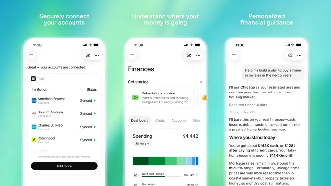 ChatGPT's new personal finance dashboard showing account connections and spending analysis