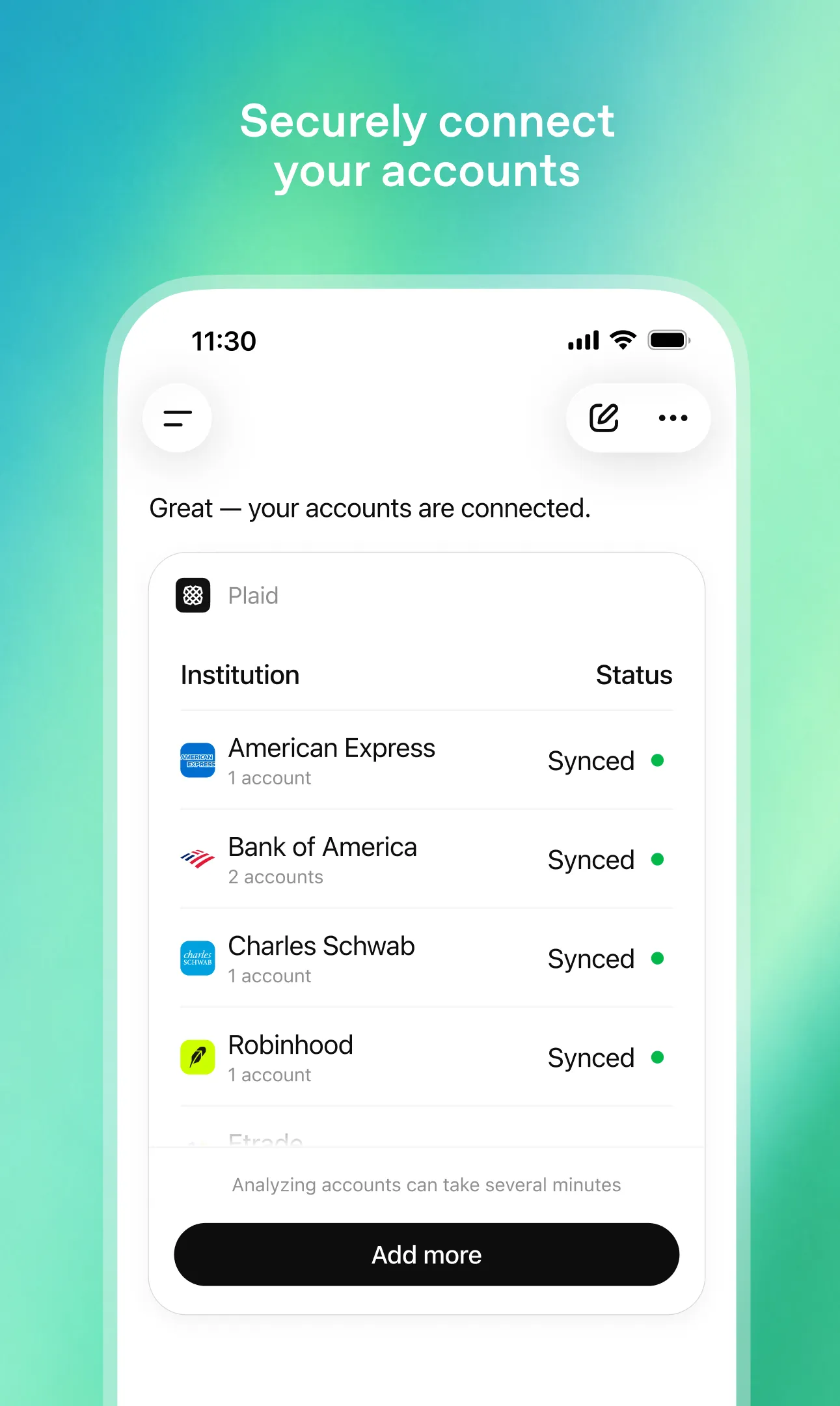 A screenshot of ChatGPT connected to four financial accounts.