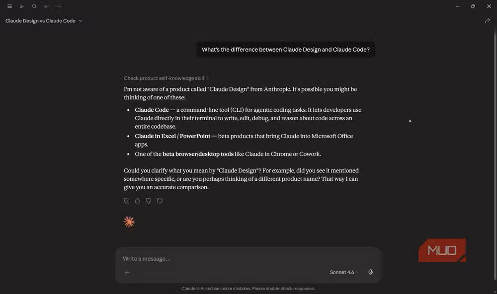 Claude Chat denies knowledge of Claude Design, an existing Anthropic product