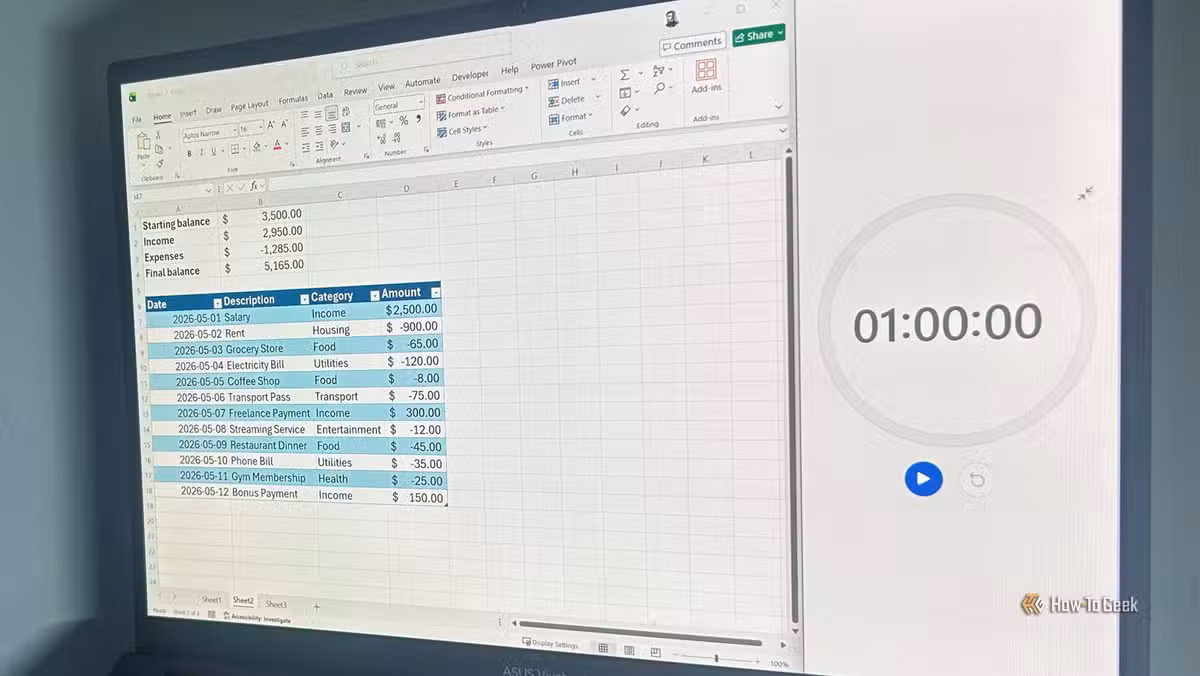 A completed budget tracker showing income, expenses, and running balance calculations.