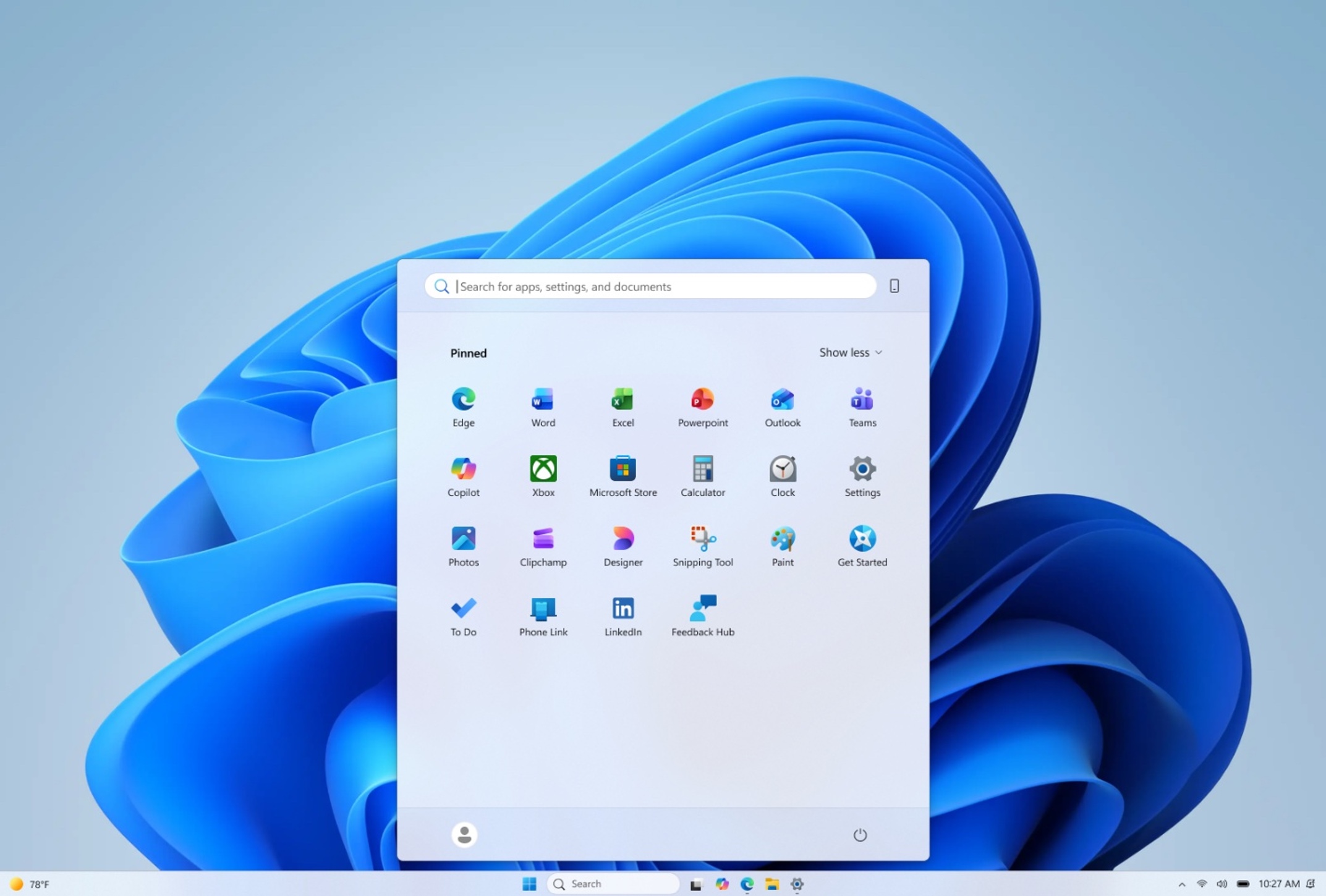 The Start menu with recommended and All Apps sections disabled, alongside the shorter taskbar.