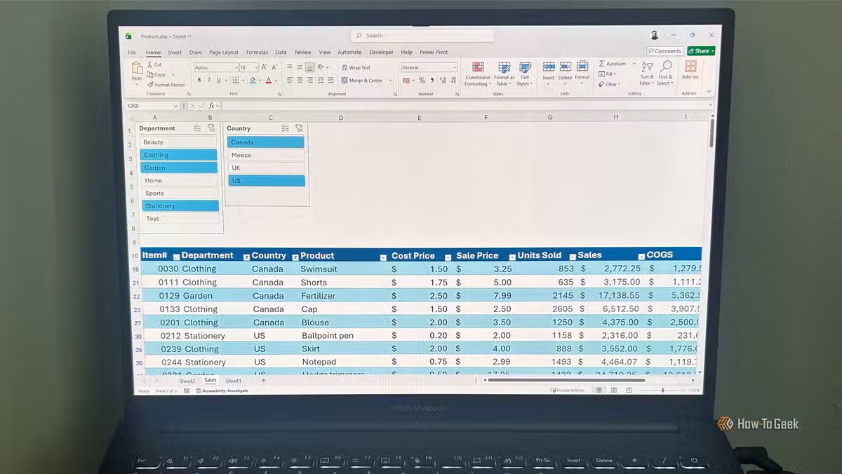 A spreadsheet with active slicer panels showing filtered data rows