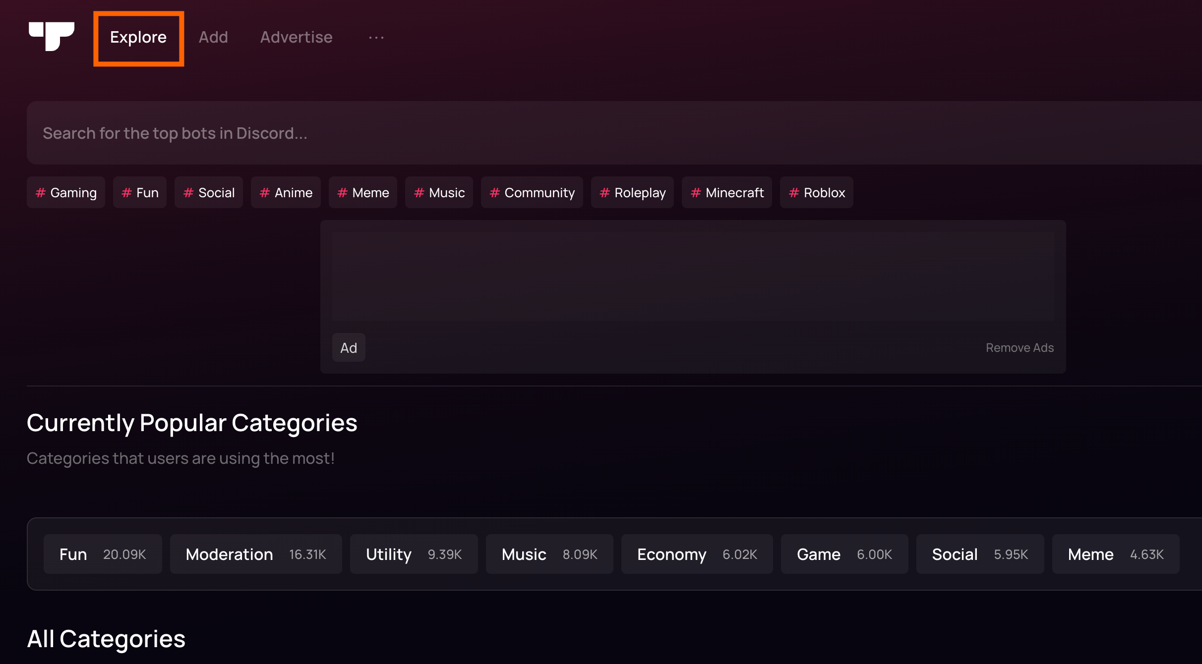 Top.gg's bot directory lets you search and filter by category